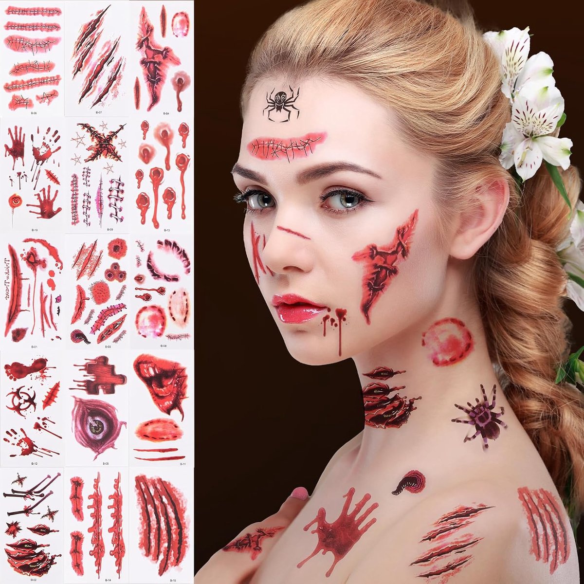 Tattoo, gezicht, littekens, make-up stickers, wonden tattoo, Halloween-kostuum, damesaccessoires, gezichtstattoo, griezelige feestdecoratie, cosplay, vampier, zombie, tijdelijke tatoeages