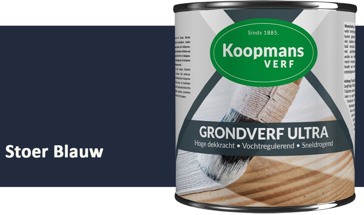 Koopmans Grondverf Ultra – Grondverf Hout & Metaal Binnen en Buiten – Vochtregulerende Primer – Hoge Dekking – Zijdeglans – Stoer Blauw – 2,5 l
