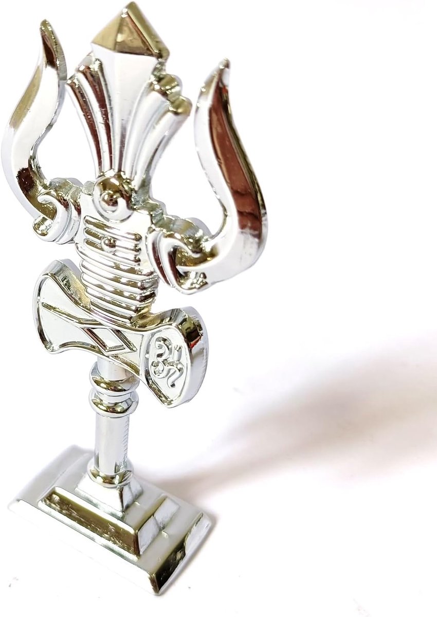 Trishul Beeldje, Zilver Chrome Afwerking, Hindoe Religieus Decor, Desktop Ornament met Basis