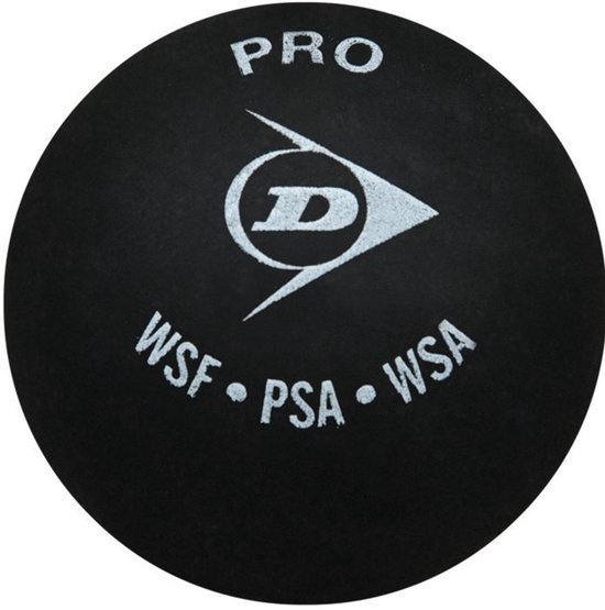 Dunlop Pro squashbal met dubbele gele stip. Met logo en tekst 'WSF PSA WSA'.