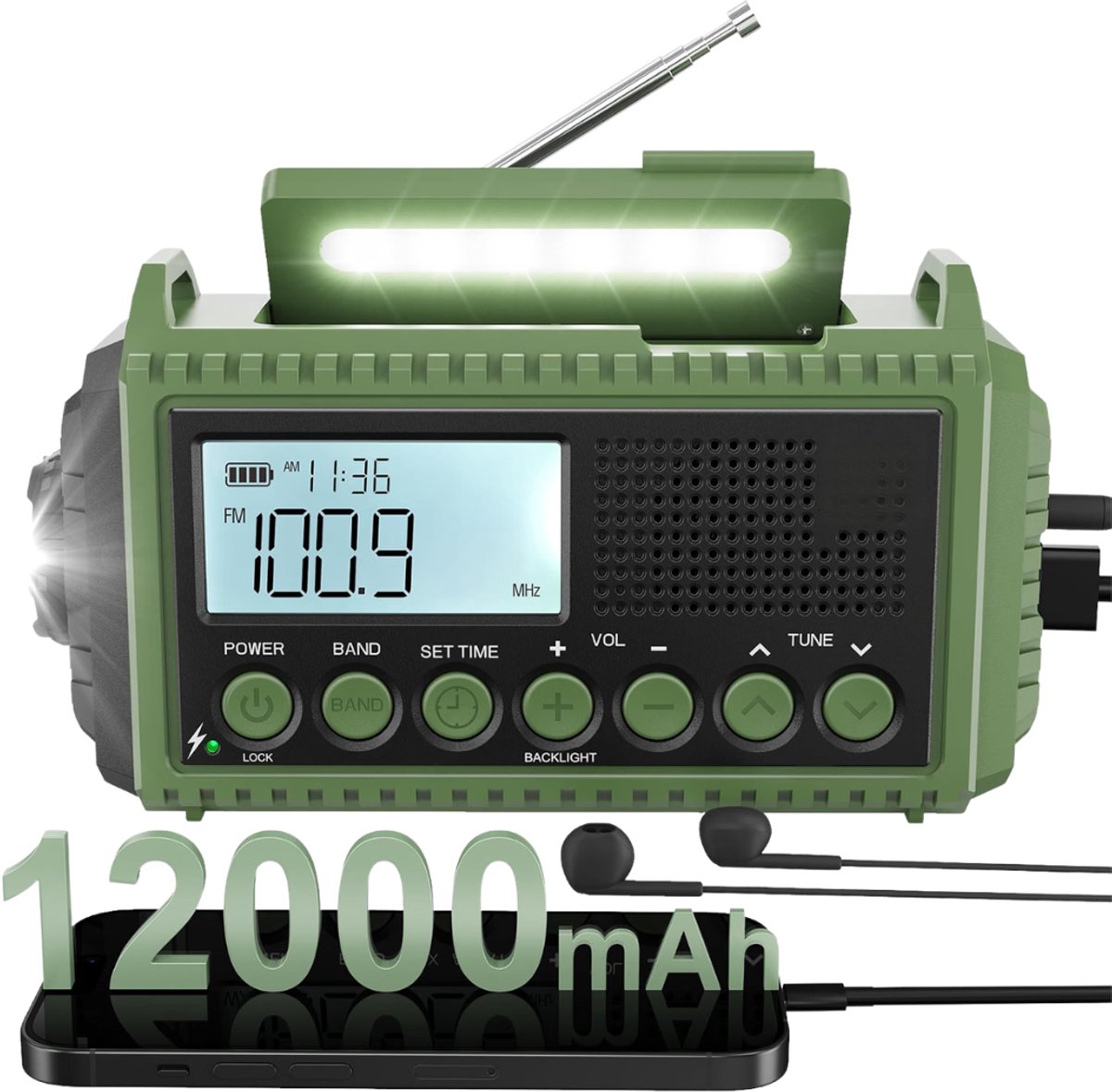 Verte - Noodradio - 12.000 Mah Met Slinger En Zonne-Energie - AM/FM/SW-Zonneradio - SOS - Oplaadbare Powerbank - Zaklamp - Hoofdtelefoonaansluiting - Leeslampje - Draagbare Slingerradio - Regenbestendig
