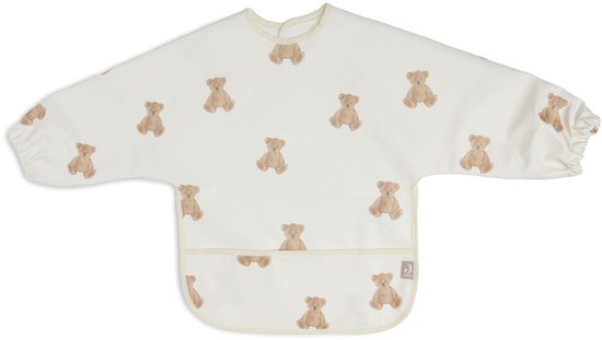 Crème slab met lange mouwen en all-over teddybeerprint. De slab heeft een opvangbakje aan de onderkant.
