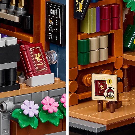 Links: Rood LEGO boek op plank met bloemen. Rechts: Uithangbord met minifiguur en boek.