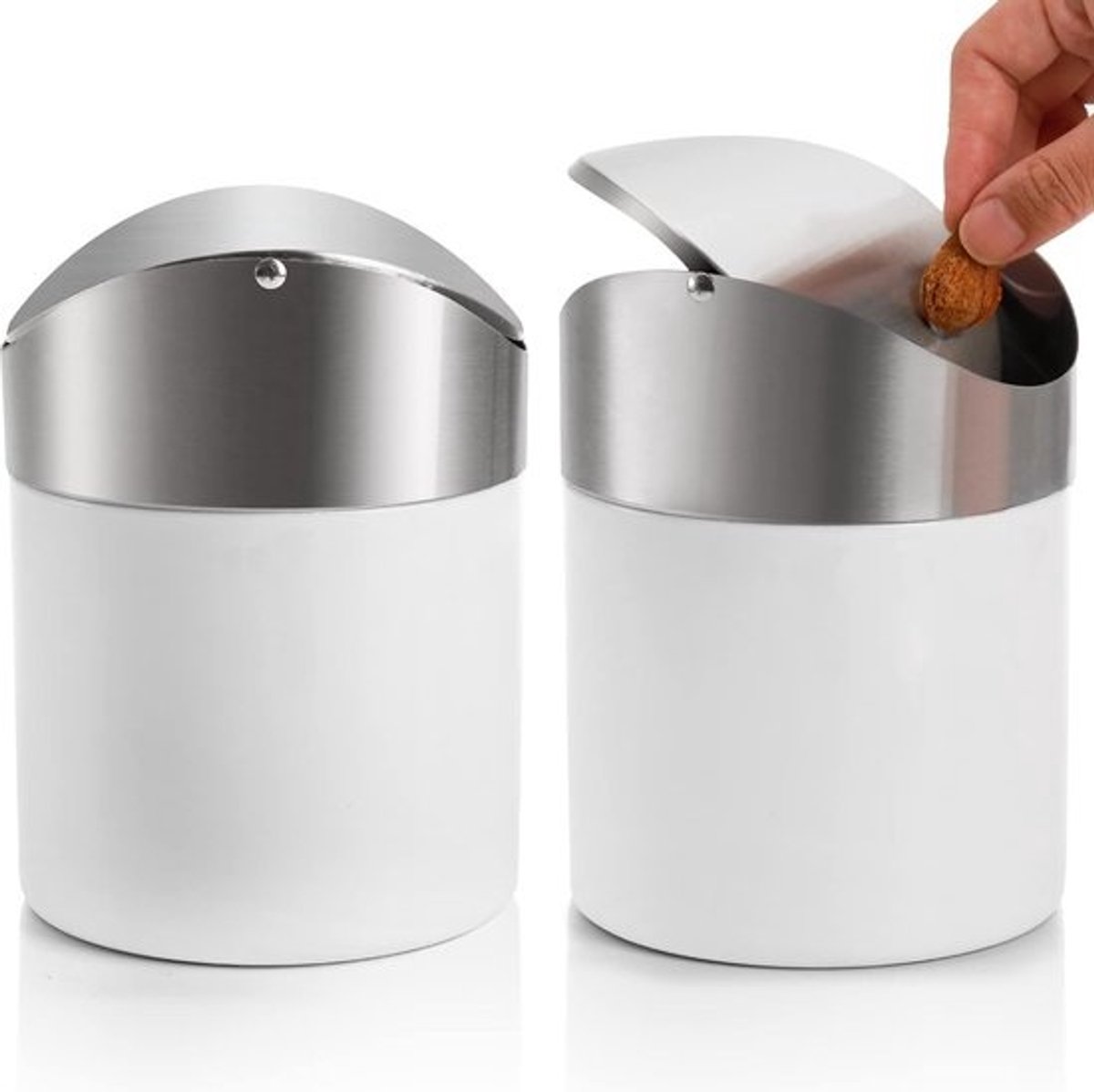 2-pack mini-prullenbak op aanrecht, witte roestvrijstalen prullenbak met schommeldeksel, kleine prullenbak voor thuis, kantoor, keuken, kaptafel, slaapkamer, auto