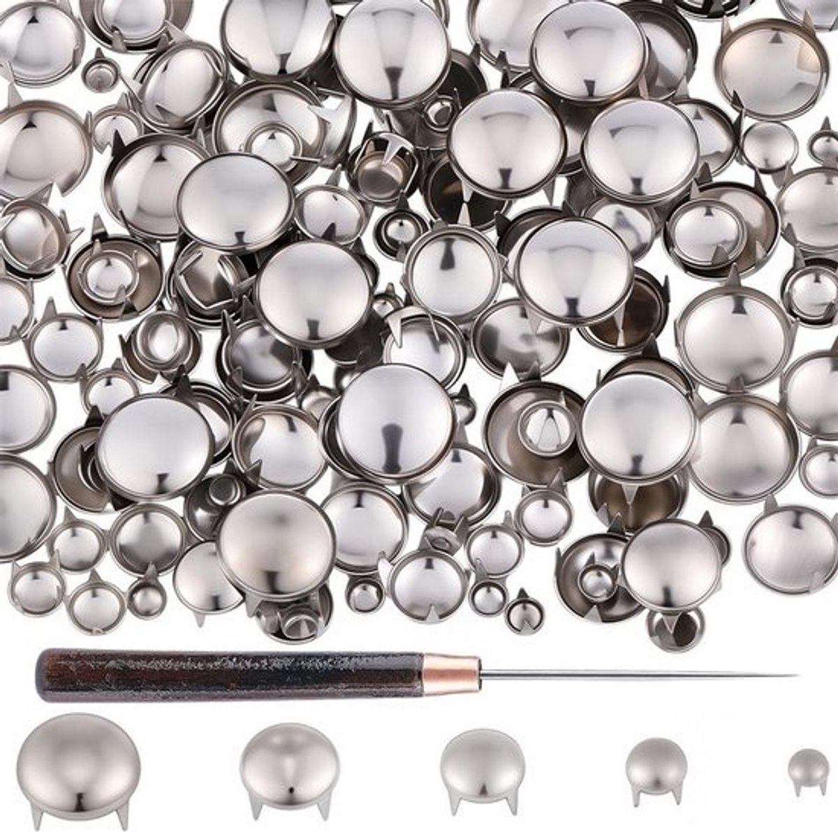 150 stuks gedrukte ronde spike rivets in 5 maten voor DIY lederwaren, kleding en accessoires