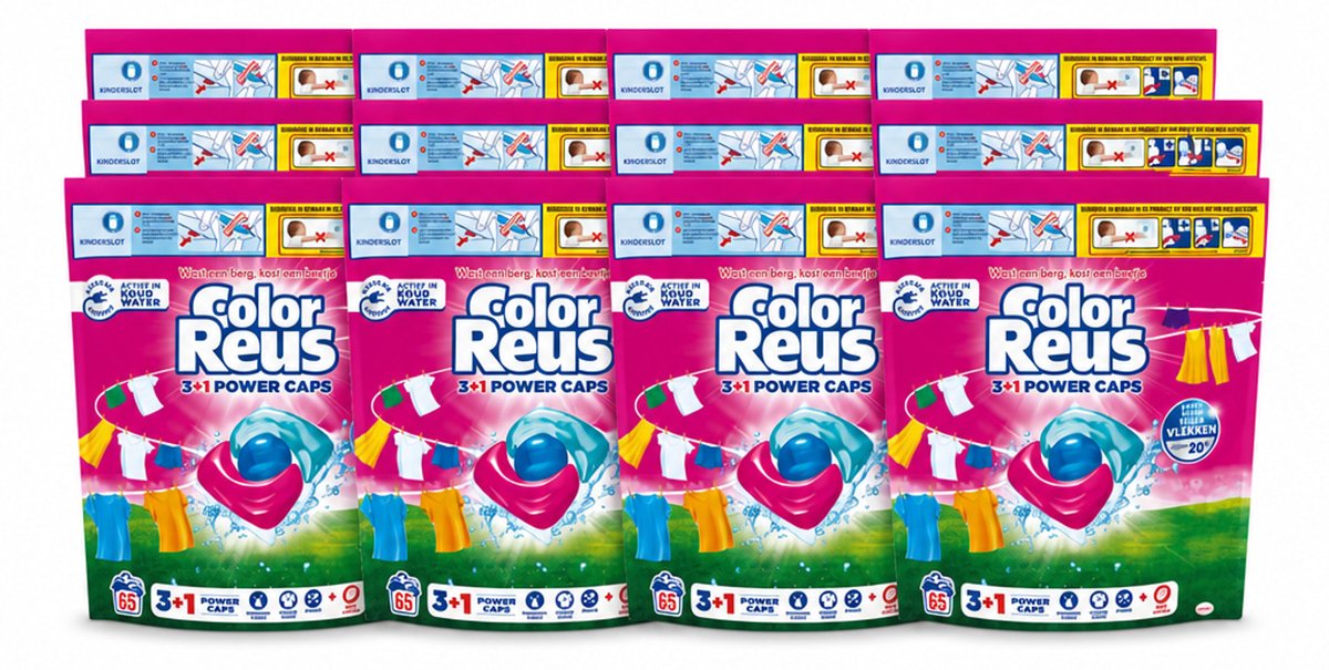 12 x Color Reus - 3+1 Power Caps - Gekleurde Was - 65 Wasbeurten - Voordeelverpakking - 12 stuks