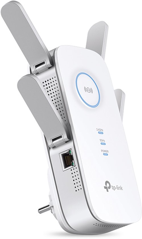 TP-Link RE650 AC2600 MU-MIMO WiFi Range Extender, met externe antennes en LED-indicatoren.