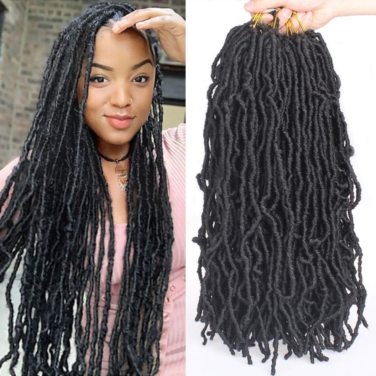 Extensions, 45,7 cm nieuwe godinnen kunstlokken, gehaakt haar met vlechten, 126 strengen, rommelig, zacht gehaakt haar, synthetisch, verwrongen kunstlokken voor dames, 1B#