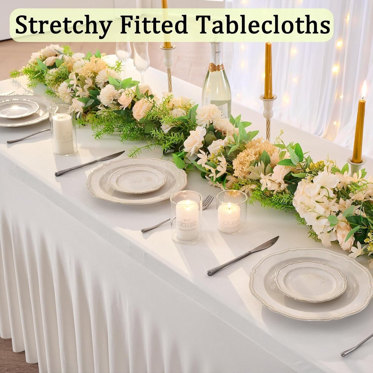 Pakket van 2 Ivoor Stretchy Spandex Tafelkleed voor 1,8 m Rechthoekige Tafel, Wasbaar en Rimpelvrij Stretch Tafelkleed Rechthoekig voor Partijen, Evenementen, Bruiloften, Banketten, [183 L x 76 B x 74