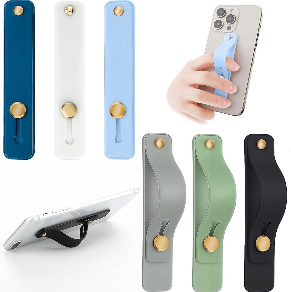 Set van 6 telefoonhouders met siliconen band, telescopische telefoonhouder voor een veilige en eenvoudige grip, verkrijgbaar in 6 kleuren
