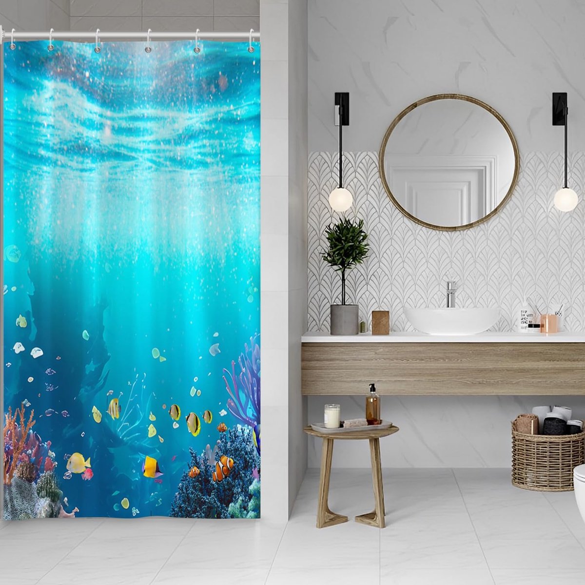 90 x 183 cm Onderwaterwereld douchegordijn onderzeese kleurrijke koraal tropische vissen onderwater dieren thema bad gordijn voor kinderen badkamer decor waterdicht met haken