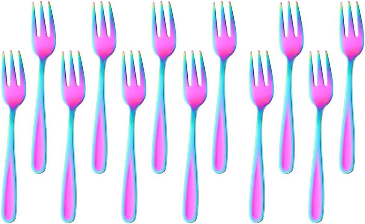 Dessertvorken, taartvorken van roestvrij staal, fruitvorken, kleine vorken voor bruiloft, cake, thee, 13,6 cm lang (regenboog)