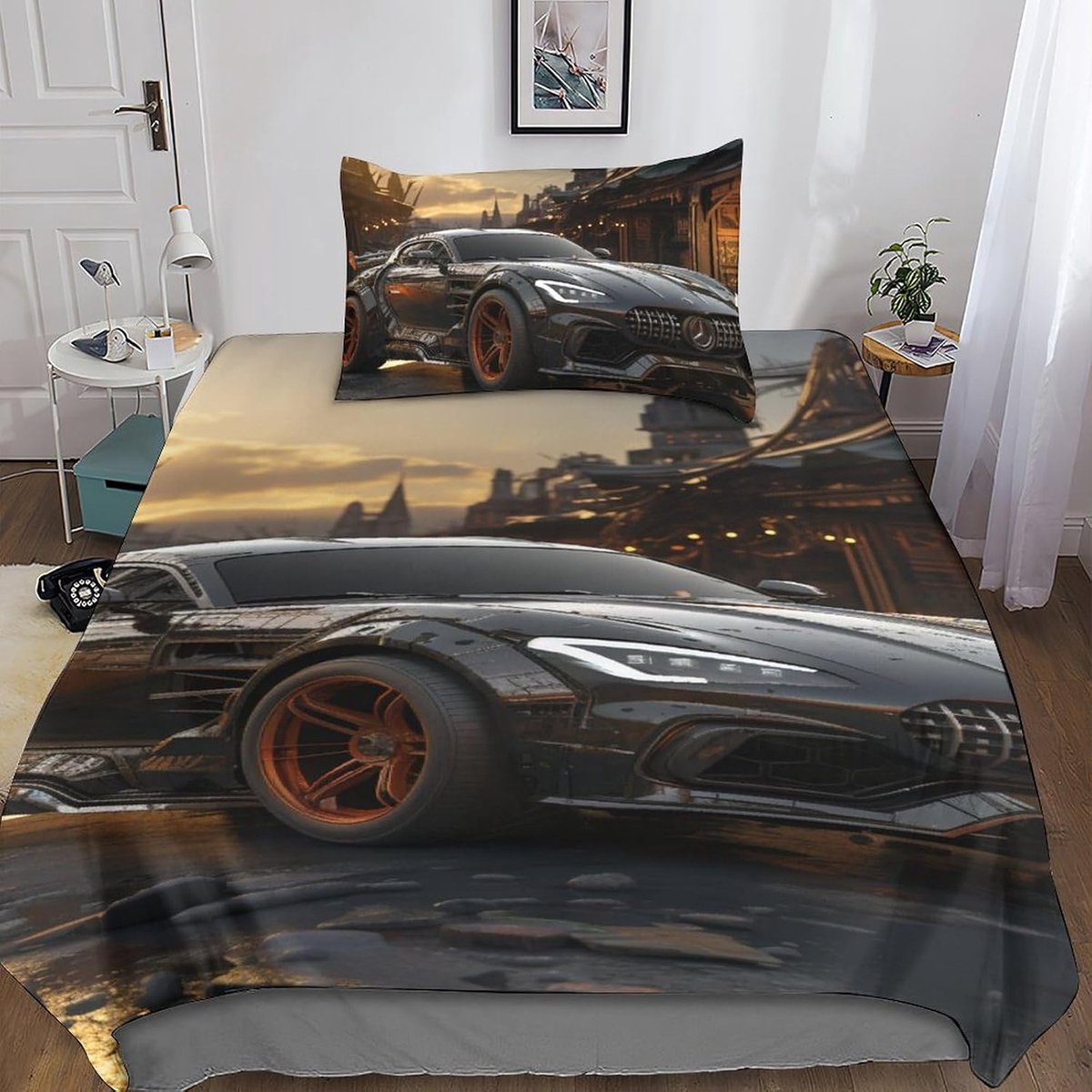 Futuristische auto 3D-geprint dekbedovertrek beddengoed set 2-delige zachte microvezel dekbedovertrek dekbedovertrek met kussenslopen en ritssluiting voor kinderen, tieners en volwassenen,