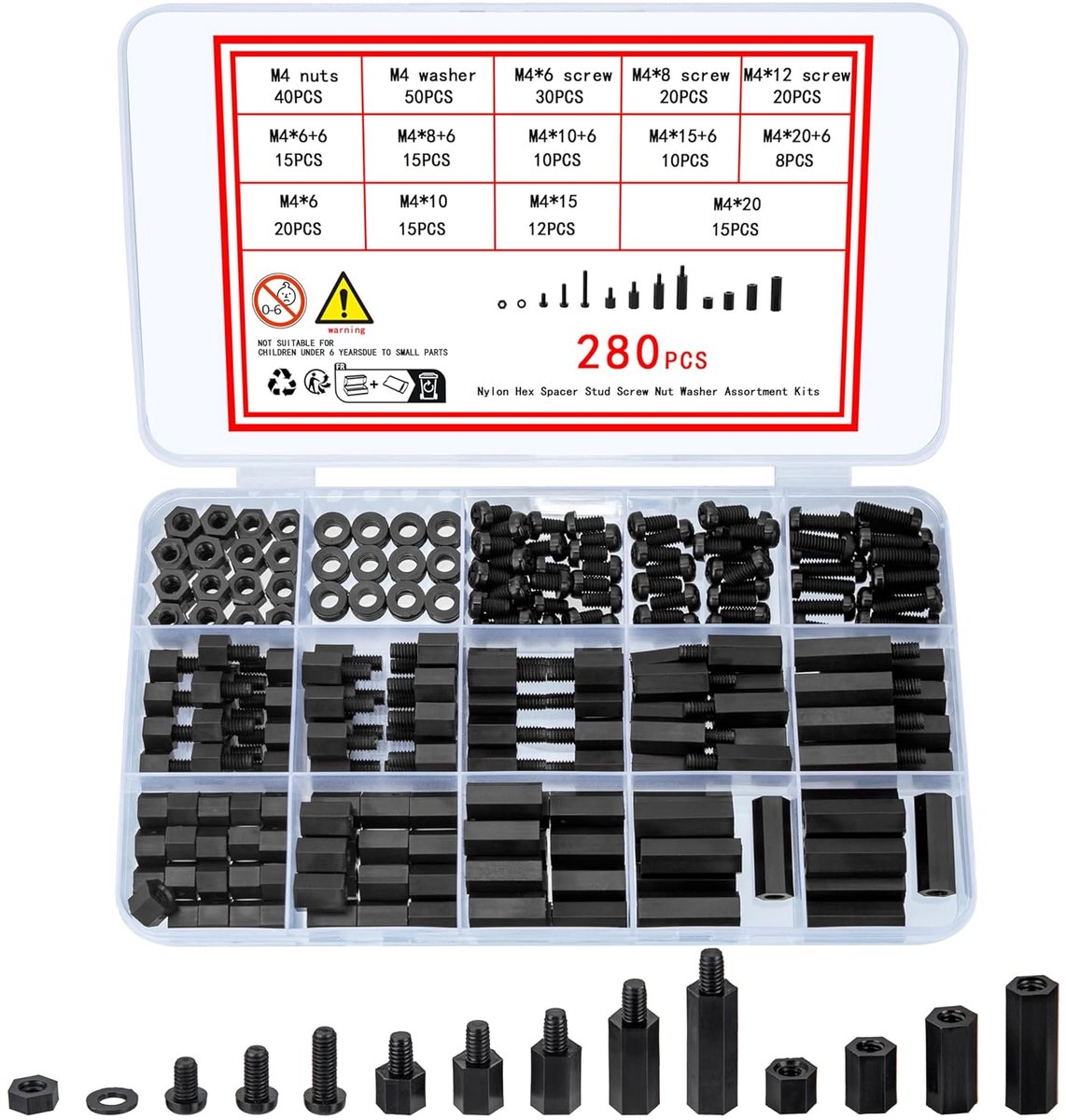 280 stuks M4 nylon schroeven, moeren, zwart, nylon afstandhouders, schroefmoeren, mannelijke vrouwelijke PCB-printplaten, afstandhouders, kunststof, kruiskopschroeven, assortiment kit