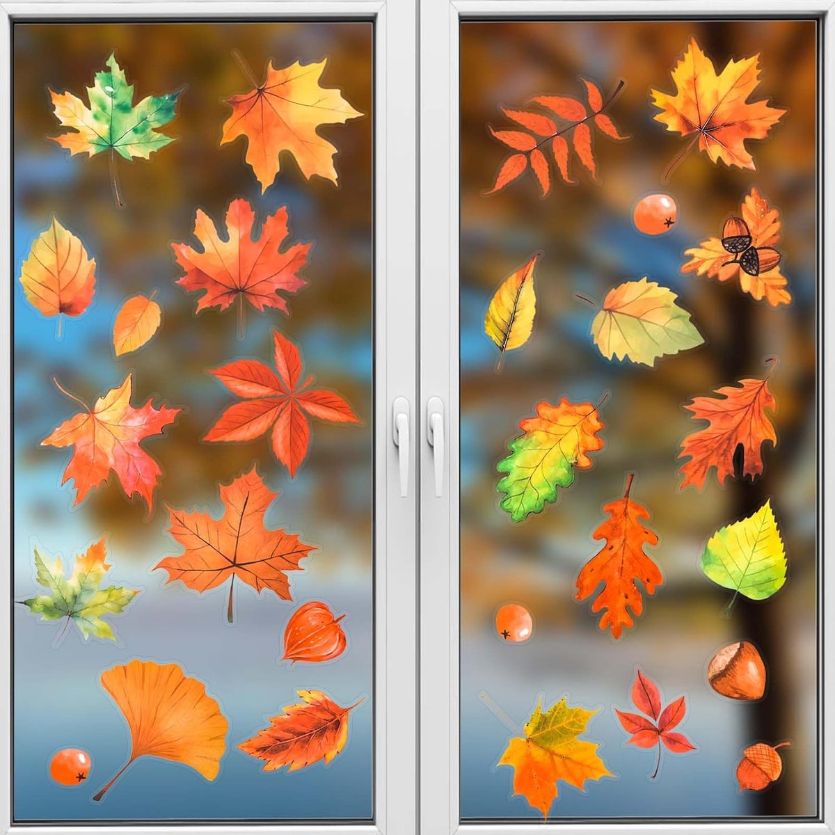 6 Stuks Herfst Raamdecoratie, Thanksgiving Raamdecoratie Esdoorn Raamstickers Dubbelzijdige Raamstickers voor Herfst Thanksgiving Kerst Seizoensgebonden Glazen Raamdecoratie (Stijl B)