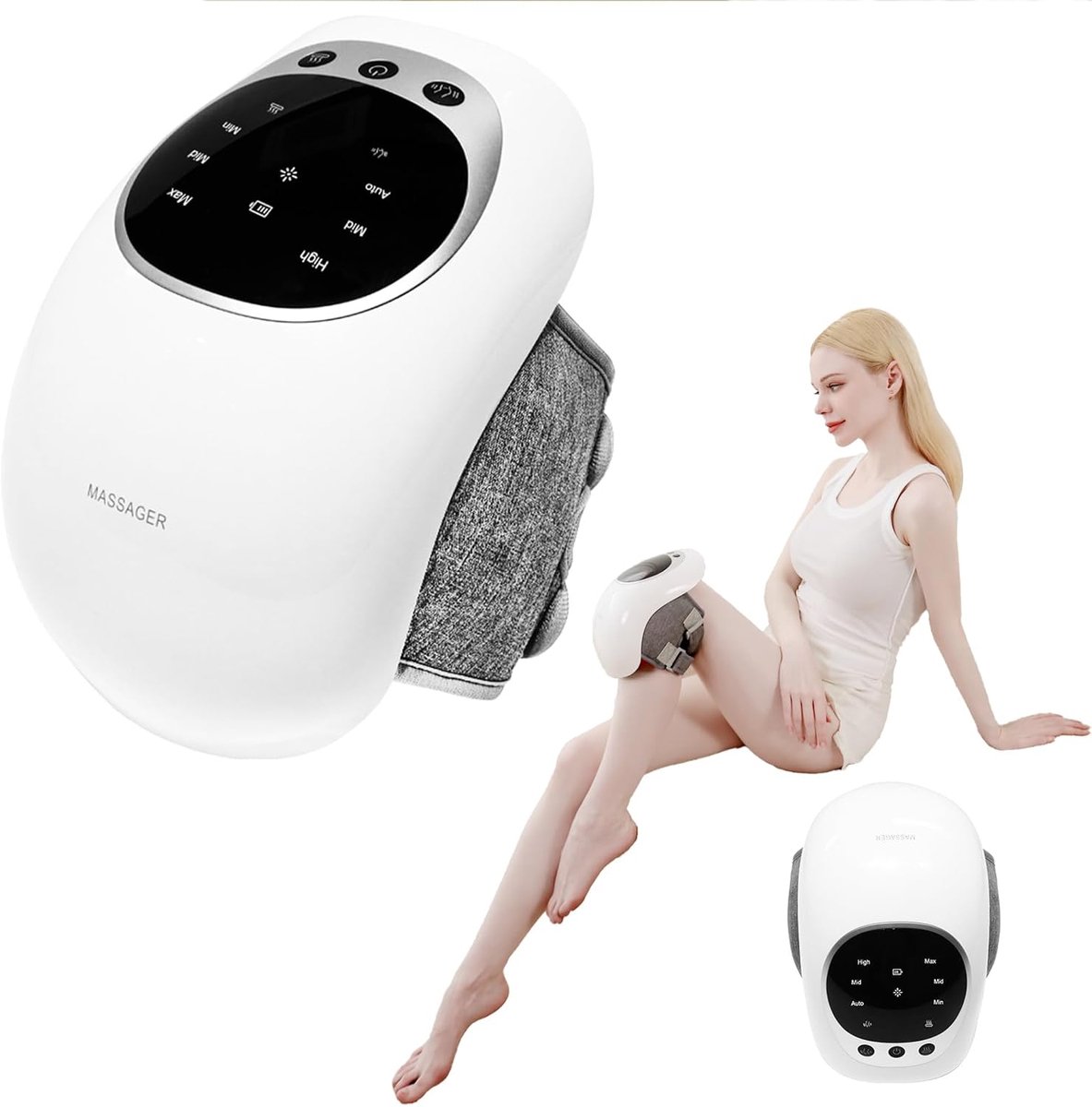 Knie-Massageapparaat, 3 Temperatuurstanden, Roodlicht-Therapie, LCD-Display, Warmte- en Vibratietherapie, 7000 U/Min, 120 Min Looptijd - wit