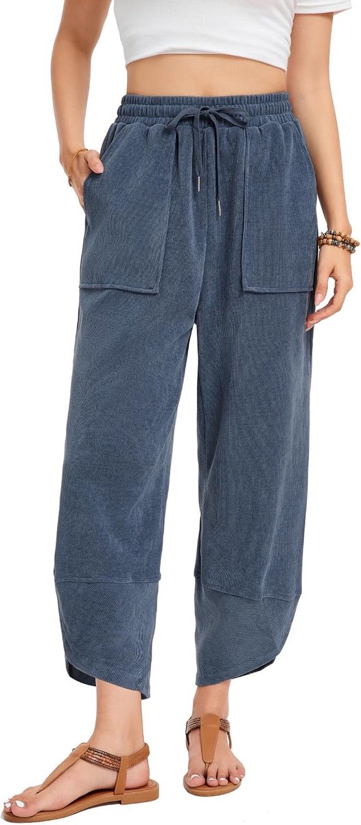 Palazzo Stoffen broek voor dames, losse elastische tailleband, wijde pijpen, harembroek met zakken, yoga, casual, lounge, lente en herfst
