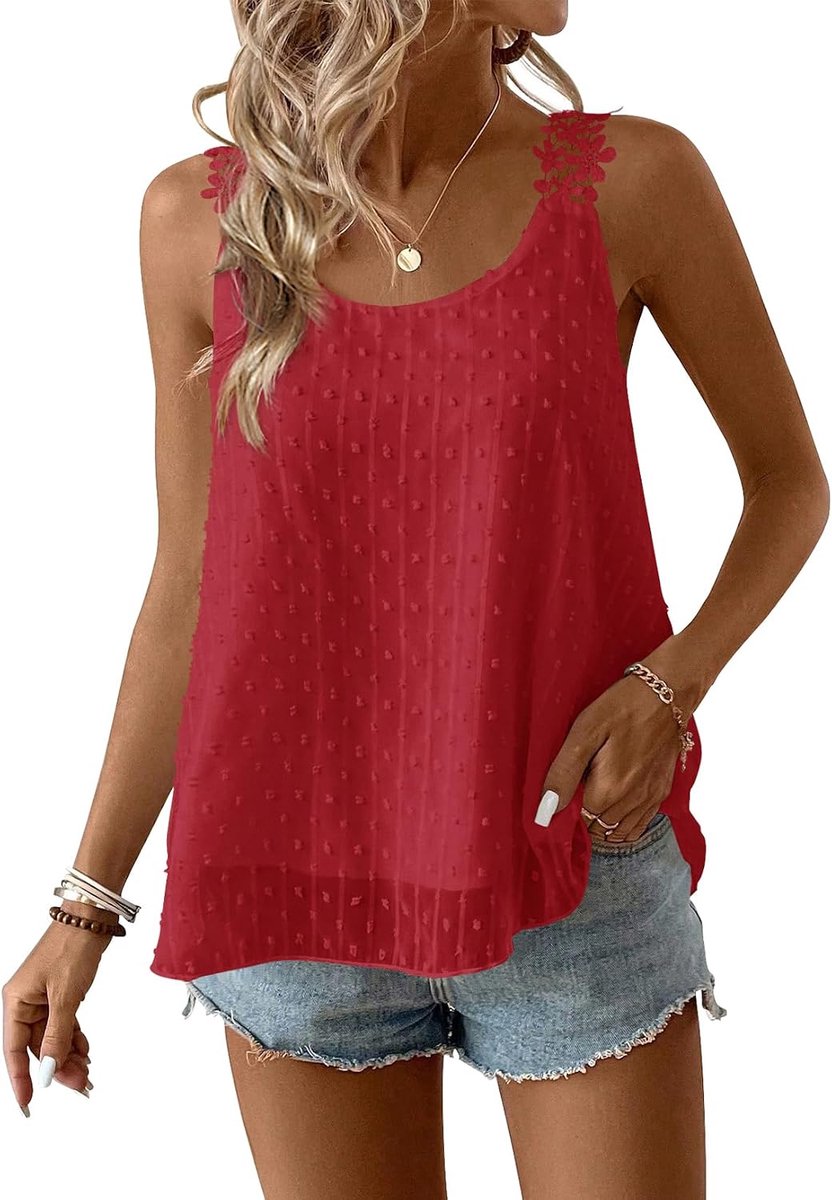 Tanktop voor dames, zomer, boho, blouse, mouwloos, ronde hals, bloemen, elegant, vloeiend, casual, kant, outfits