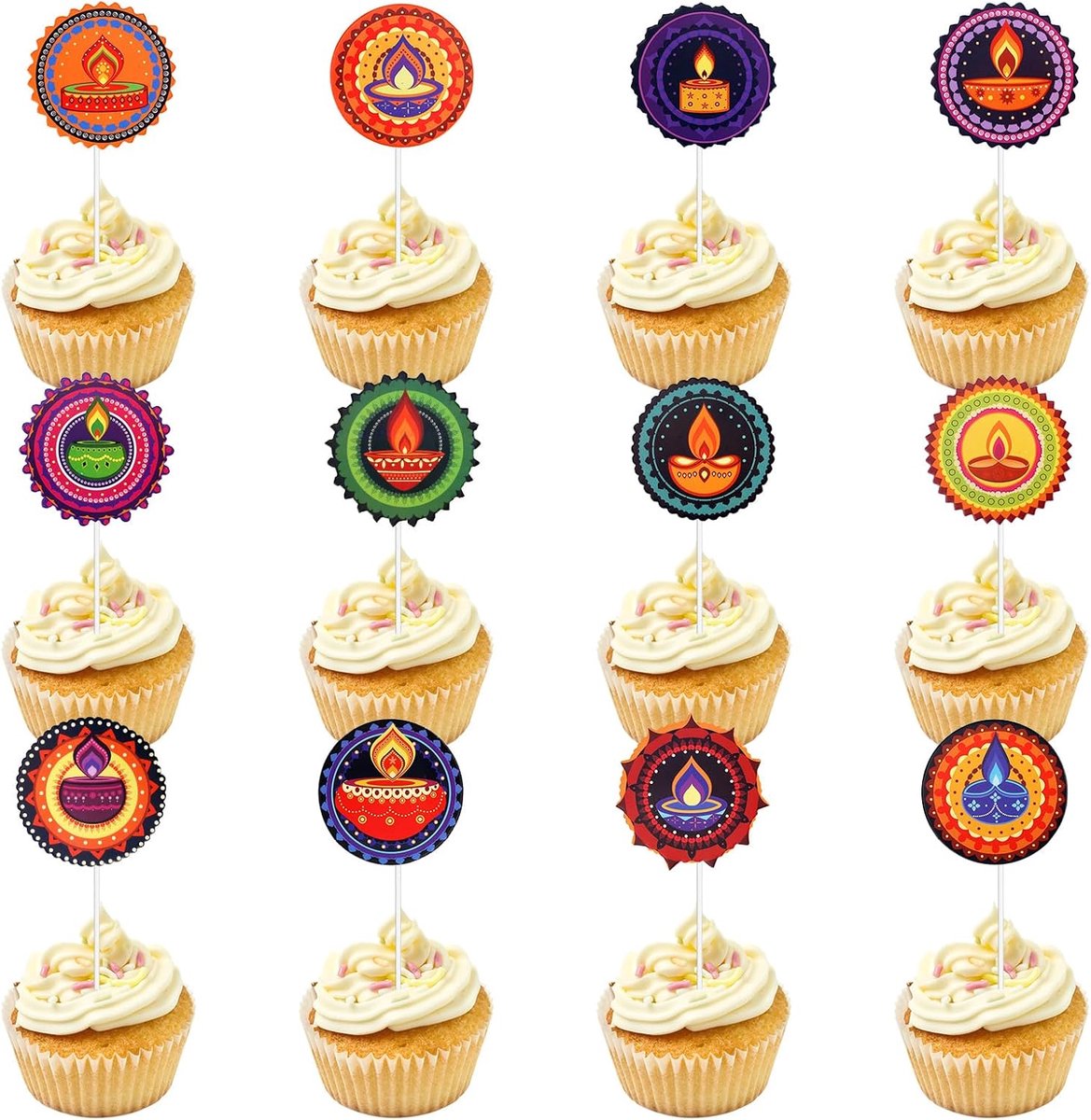 24 stuks Diwali Cupcake Toppers, Happy Diwali Diya's Taartdesserttoppers Cupcakeprikkers Indiaas Lichtfestival Verjaardag Deepavali Feestdecoraties Benodigdheden