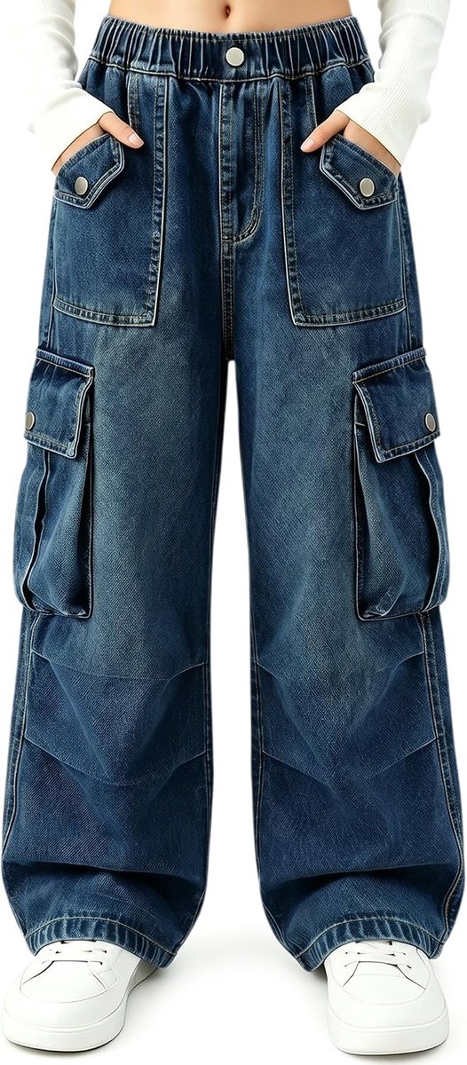 Cargobroek voor Meisjes, Elastische Broek met Hoge Taille en Wijde Pijpen Jeansbroek met Meerdere Zakken Loszittende Jeansbroek voor Tieners 7-15 Jaar
