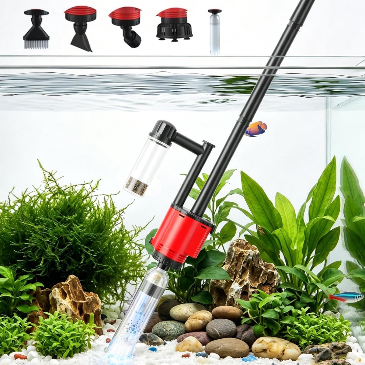 Mulmzuiger voor aquarium, elektrisch, 30 W, multifunctionele aquariumstofzuiger, bodemzuiger, reiniging voor grind en zand, met waterwisseling, reinigingsset, accessoires voor filtering en