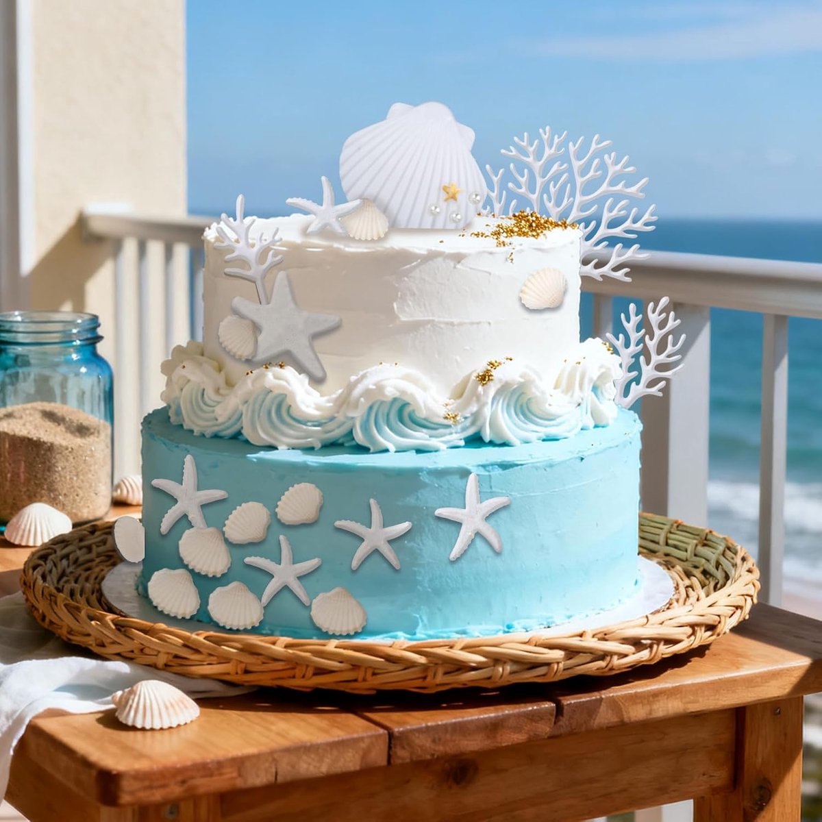 20 Stuks Witte Schelpen Taarttoppers, Oceaan Strandthema Taartdecoraties met Zeesterren en Koraal voor Bruiloften Verjaardagen en Babyshowerfeestjes
