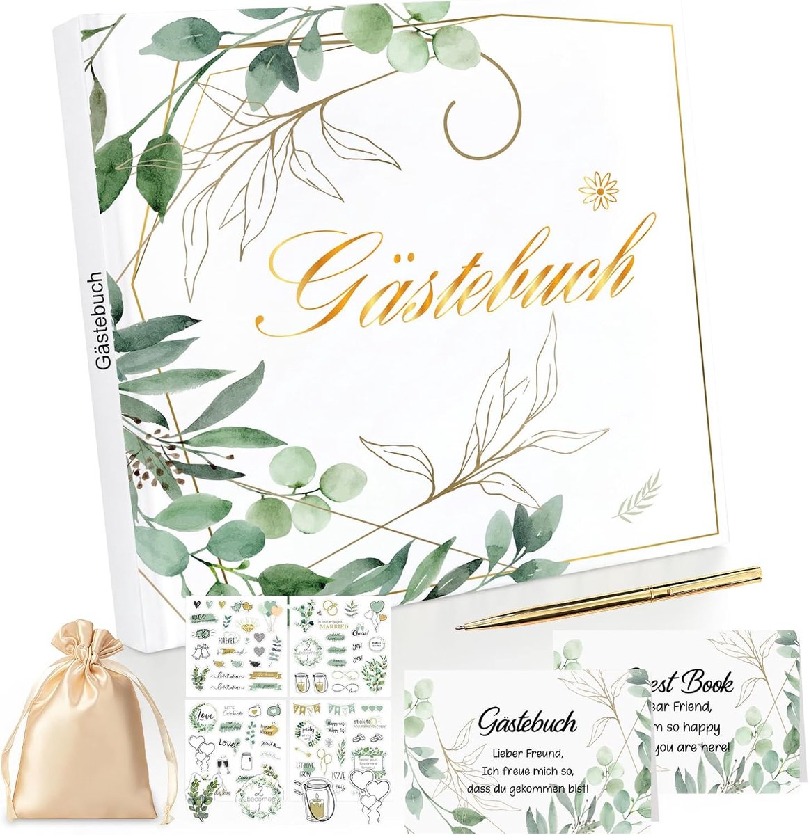 Gastenboek bruiloft met vragen om in te vullen, bruiloft gastenboek met pennen voor gastenboek bruiloft en stickers, bruiloftsgastenboek met 2 aanwijzingsborden, 72 gastenvermeldingen, elegante