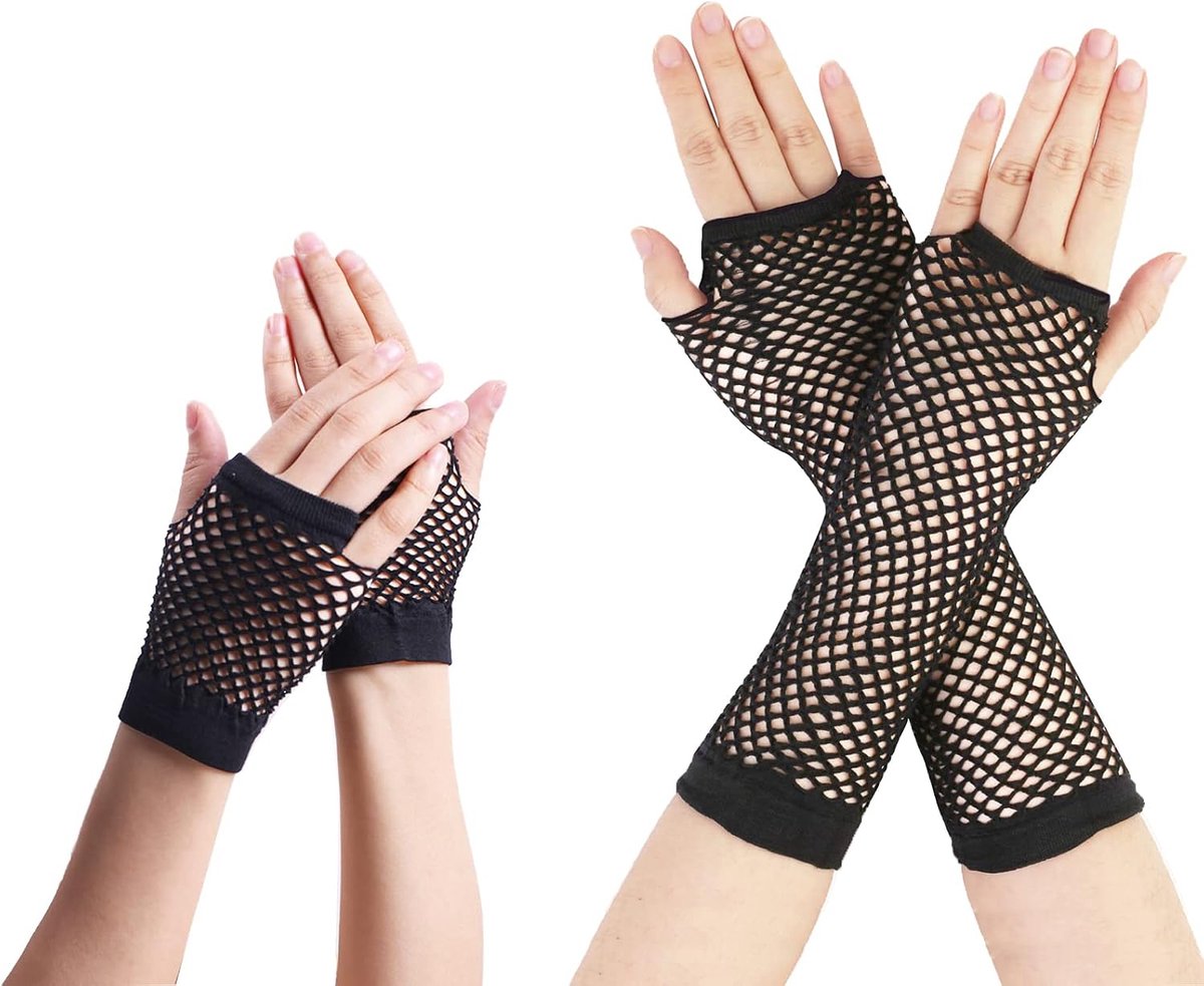 Handschoenen, 2 paar lange en korte visnet-handschoenen, nethandschoenen voor dames, jaren 80-feesthandschoenen, rekbare handhandschoenen voor dans, disco, kostuum
