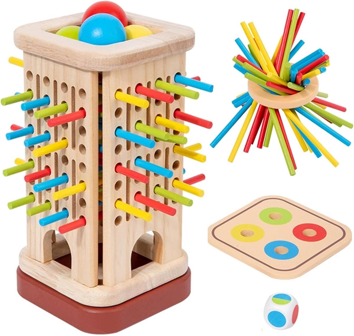 Speelgoed jaar, educatief spel voor kinderen, houten spel jaar met 36 kleurrijke stokjes, dobbelstenen en houten box, bevordert de fijne motoriek en denken, cadeau