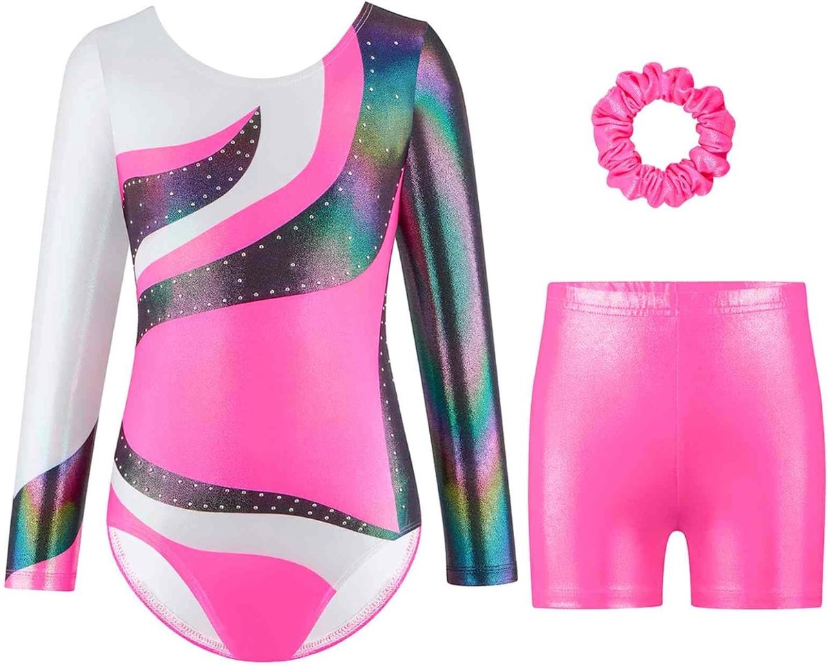 Gymnastiekpak voor meisjes, gymnastiekpakje met kleurverloop, set met shorts, haarband, glinsterend, mouwloos, voor dansen, ballet, gymnastiek, sportief voor kleine meisjes van 5 tot