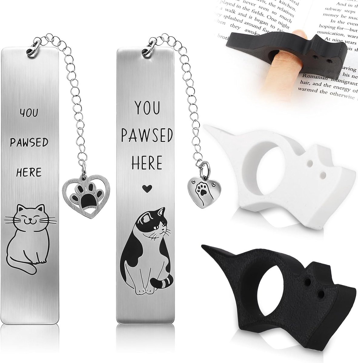 4 stuks bladwijzers kat, 2 stuks metalen boekenleggers met hanger, 2 stuks boekenhouder met kattenmotief, cadeaus voor lezers en kattenliefhebbers, vrouwen, leraren en studenten