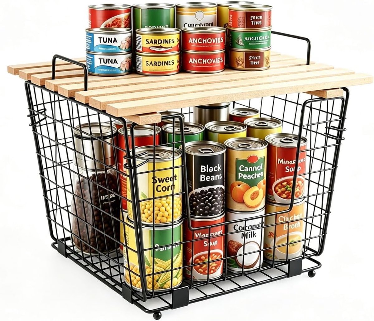 Fruit- en groentemand, keukenmand met houten dienblad, opvouwbare metalen mand voor werkblad, kast, voorraadkast, specerijen, uien, aardappelen, snacks