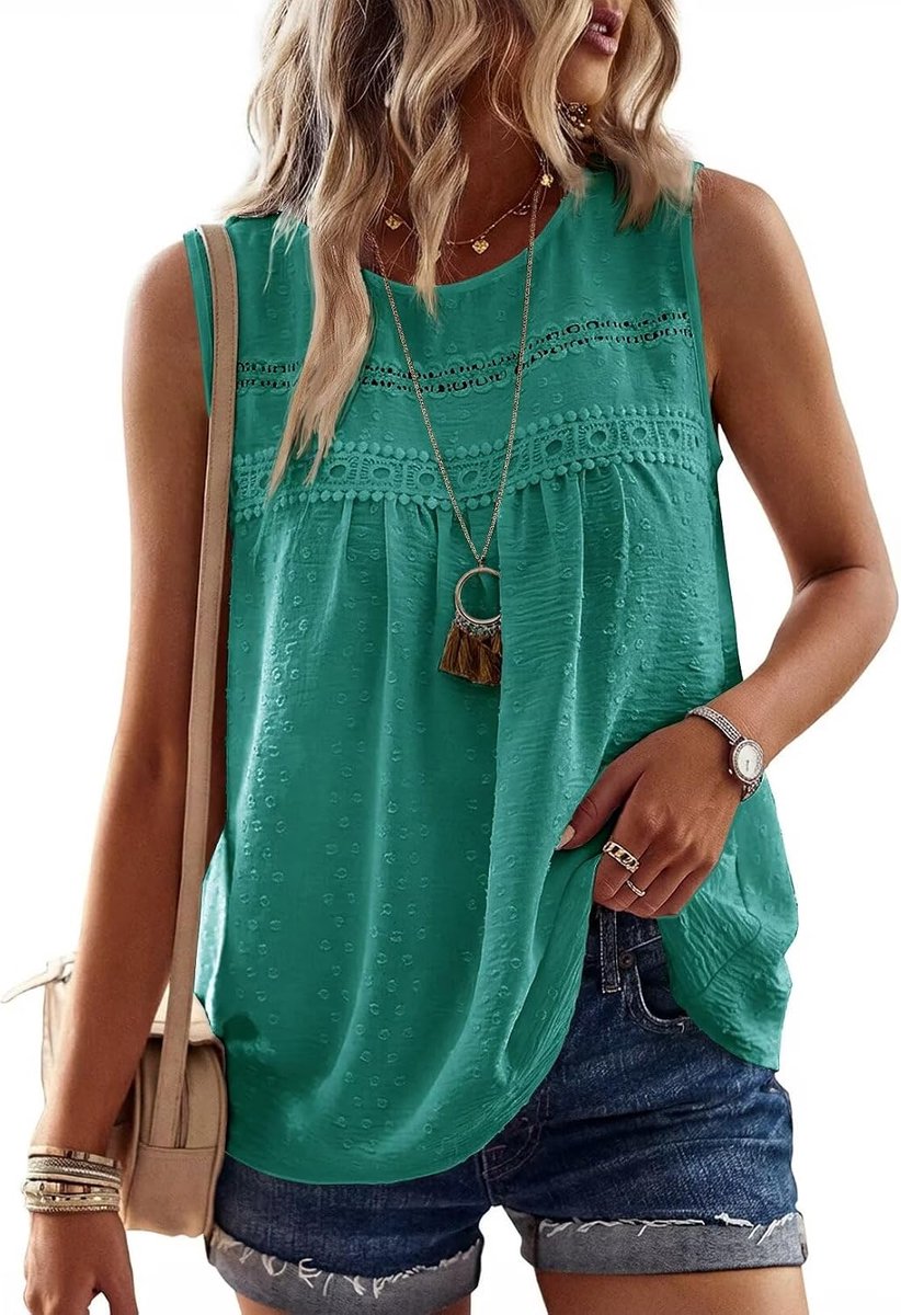 Mouwloze Top met Ronde Hals Boho Stijl Elegante Zomer Tank Top Kant Casual Geplooide Luchtige Losse Tuniek Tops