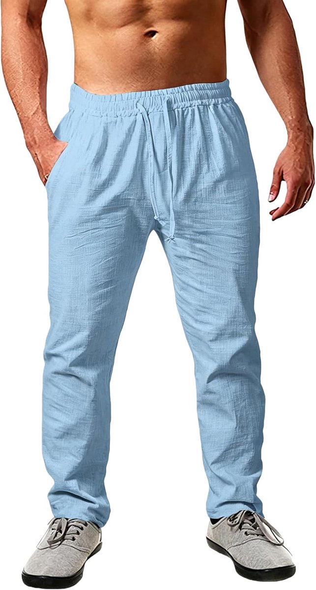 Linnen broek heren lange lichte zomerbroek losse fit vrijetijdsbroek met trekkoord zakken voor vakantie strand dagelijks gebruik
