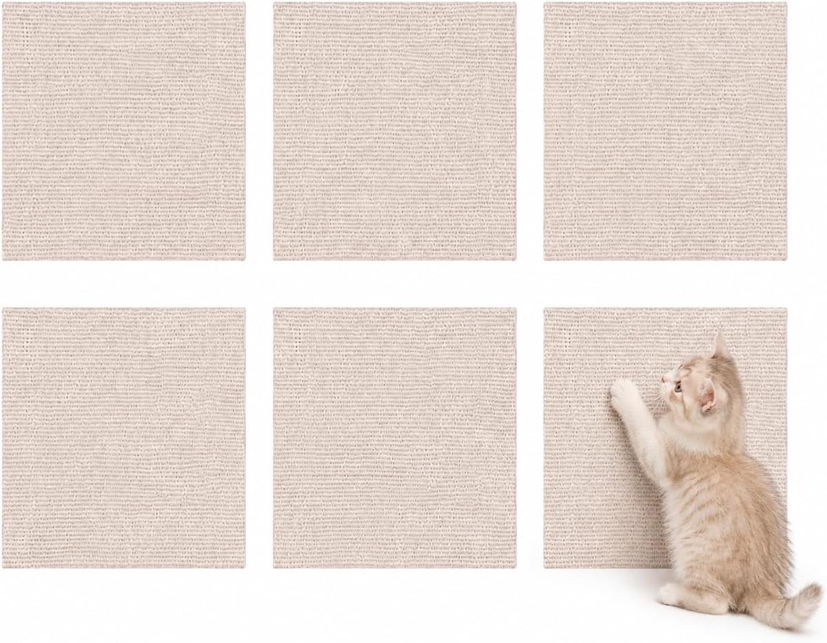 Krabmat zelfklevend, 6 stuks, 30 x 30 cm, doe-het-zelf krasbescherming voor bank, kat, op maat te snijden, krabmat voor katten, voor muur, meubels, bank, deur