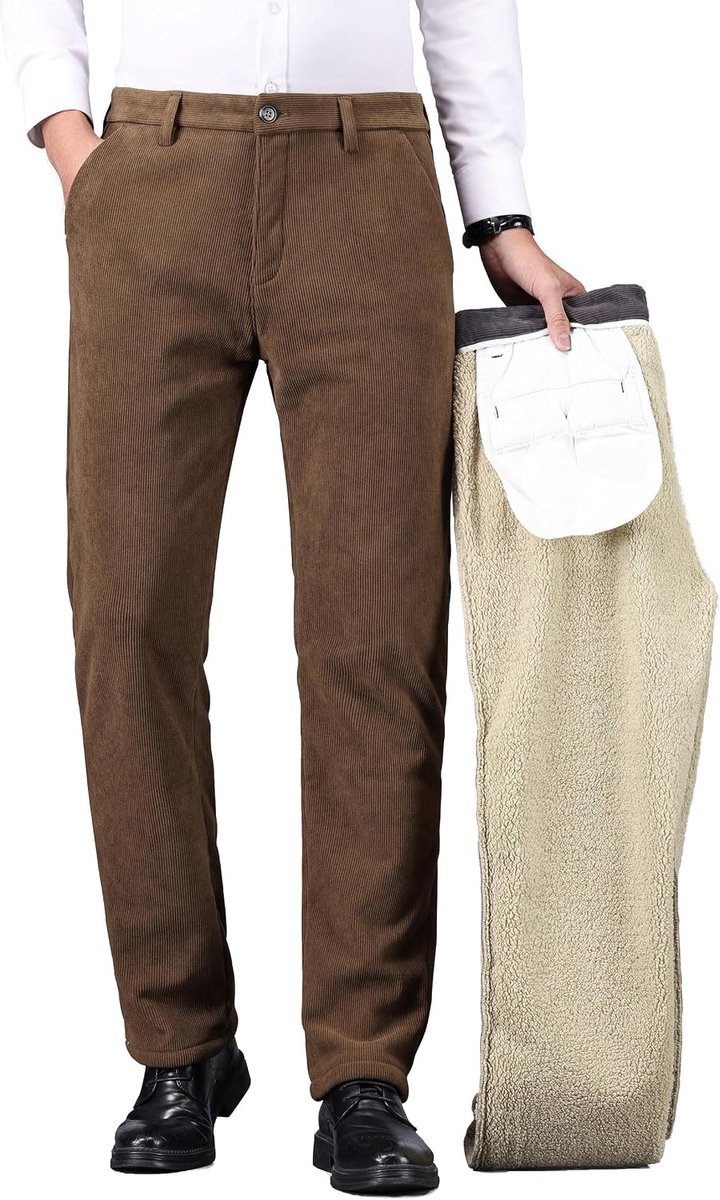Broek voor heren, wintermodel met fleecevoering, rekbaar, gevoerde corduroy pantalon met lamswollen binnenlaag