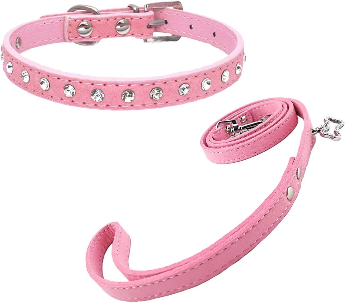 Diamante Puppy Kraag en Riem Set Bling Suède Kraag met Lood voor Kleine Honden Katten - Roze - S