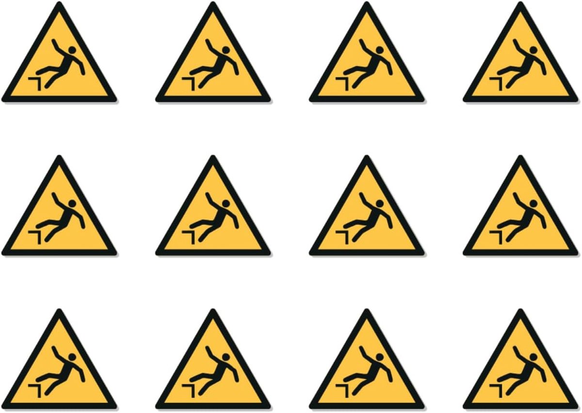 Waarschuwing voor valgevaar. W008 - DIN EN ISO 7010 / ASR A1.3 - Stickers: Ø 2,5 cm, 12 stuks
