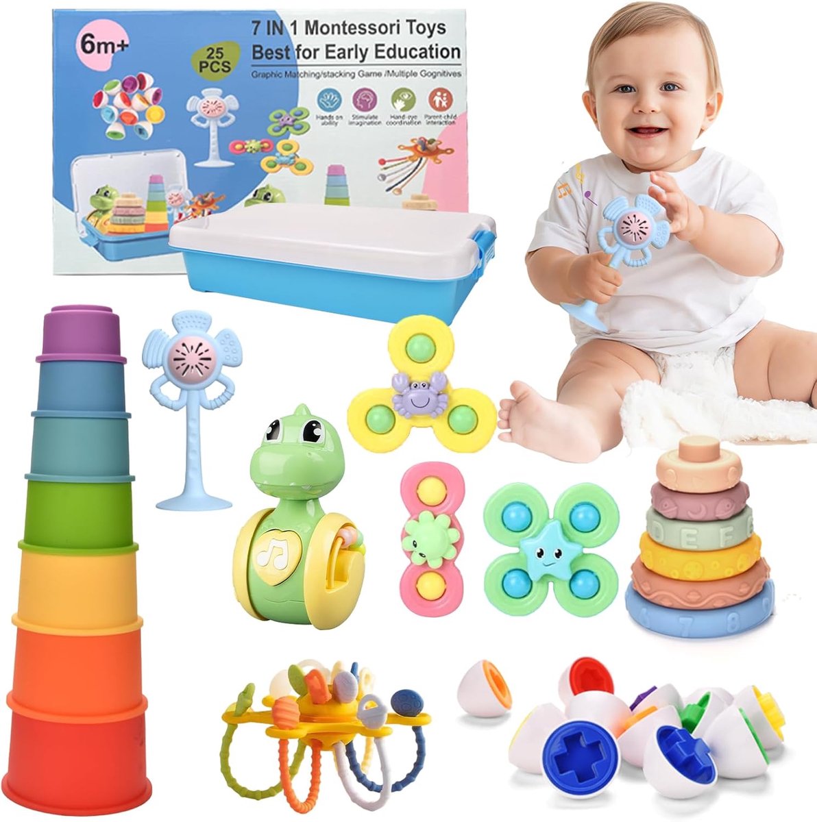Speelgoed voor baby’s van 6-9-12-18 maanden,geschikt voor kinderen jaar,7-in-1 speelgoed voor zintuiglijke ontwikkeling babyspelletjes, stapelspeelgoed,bouwblokken,babycadeau