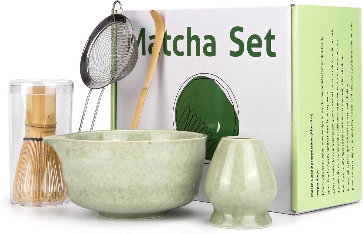 Matcha Whisk & Bowl Set 5 STKS Matcha Thee Kit Inclusief Keramische Kom Garde Houder Chasen en Chawan Set Theeaware Gift voor Matcha Liefhebbers en Theeceremonie Fans (Matcha-Groen)