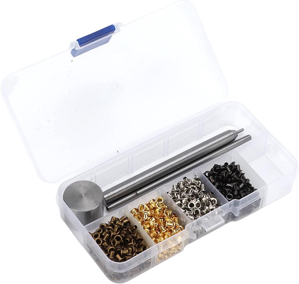 Sets Grommet KIT, Multi Color 2mm Mini Iron Brass Round Eyelet RMOMET RMOMET INSTELLING TROBLEE KIT MET 3PCS Installeer Tool en Opbergdoos Zelf Steun voor Doe -het -Zelf
