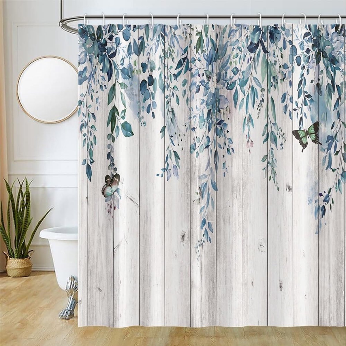 Douchegordijn eucalyptus, blauw, bloemen, vintage houtlook, anti-schimmel, waterdicht, polyester, wasbaar, ondoorzichtig, badgordijn met 12 haken voor badkamer, 180 x 180 cm (b x h)