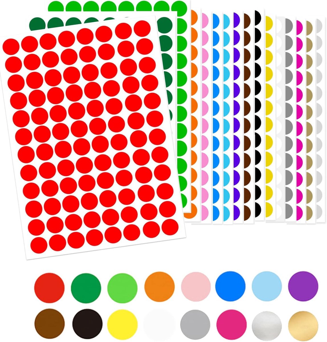 Etiketten, kleurrijke ronde stippen, 1536 stuks, ronde afdichting, multifunctionele stickers, beschrijfbaar voor kalender, kantoor, handleiding (16 kleuren, 15 mm)