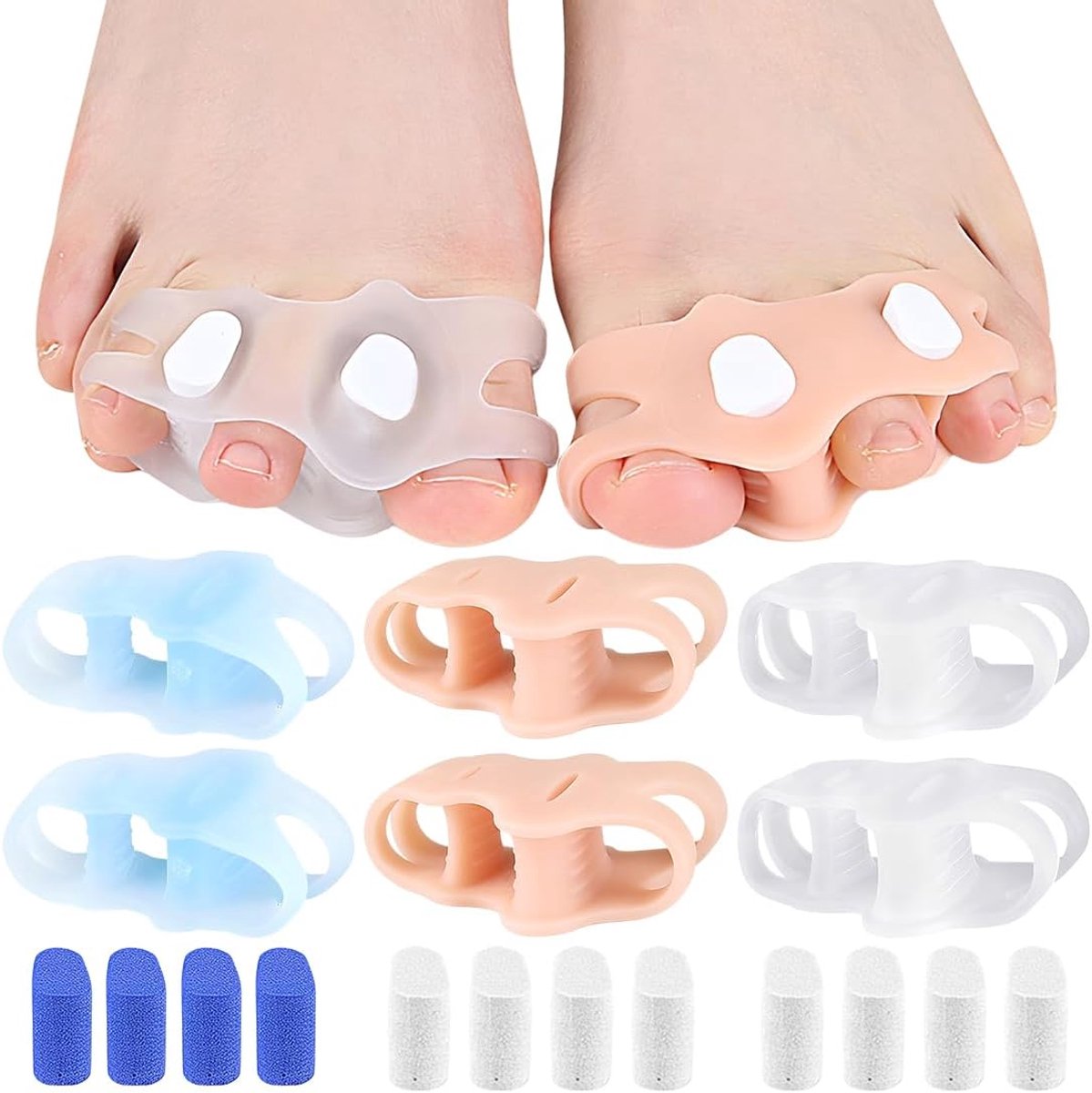 6-pack herbruikbare teenscheiders voor het corrigeren van hallux valgus en overlappende tenen, unisex (blauw, transparant, huidskleur)