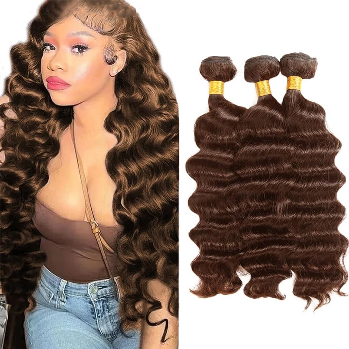Human Hair Extension Deep Wave menselijk haar Bundles Unprocessed Brazilian Virgin Hair #4 Chocolate Brown Minimal detachment For Women 3 Bundles Total 150g 20 22 24 Inch