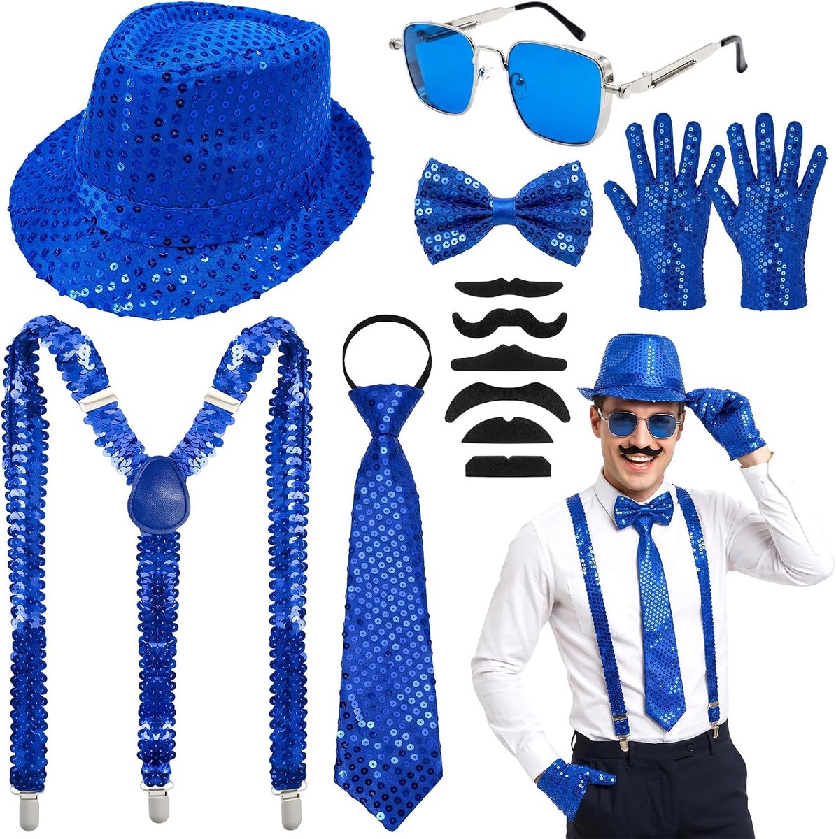 Glitterkostuumset voor heren, discoglitteraccessoires met hoed, vlinderdas, stropdas, bretels, handschoenen, zonnebril, zelfklevende snor, paillettenbretels voor carnaval, disco, retro feest
