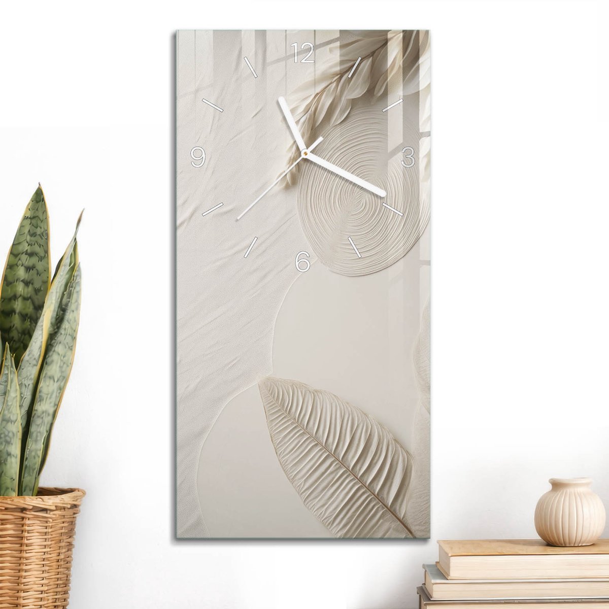 ArtPrintCave Beige Glazen Klok - 30x60 cm - Rechthoekige Wandklok - Organische Elegantie Stille Wandklok - Texturen Wandklok Keuken - Witte Klokwijzers