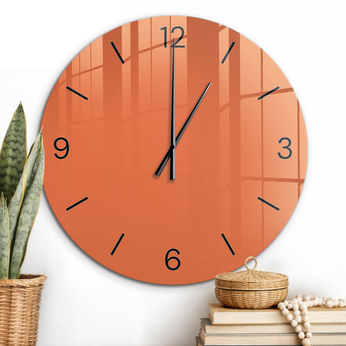 ArtPrintCave Oranje Glazen Klok - Wandklok 60 cm - Muurklok Rond - Sterk Oranje Unieke Klok - Abstractie Stille Wandklok - Zwarte Klokwijzers