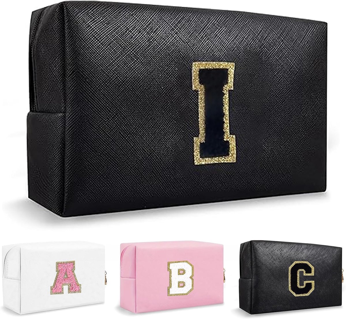 Gepersonaliseerde make-uptas met beginbrief, schattige waterdichte PU-lederen chenillebrief cosmetische tas reizen make-up tas, preppy make-up zakje toilettas rits zakje organizer voor