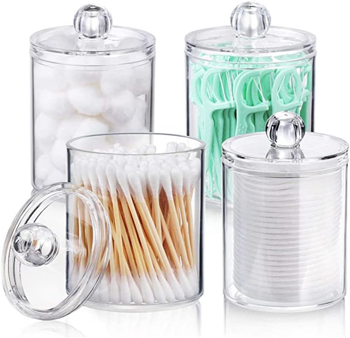 4 stuks wattenstaafjeshouders, badkamer-jerrycan opslag, kunststof wattenstaafjeshouder, transparante acryl wattenstaafjes, opbergdoos, voor cosmetica, wattenballen, wattenstaafjes